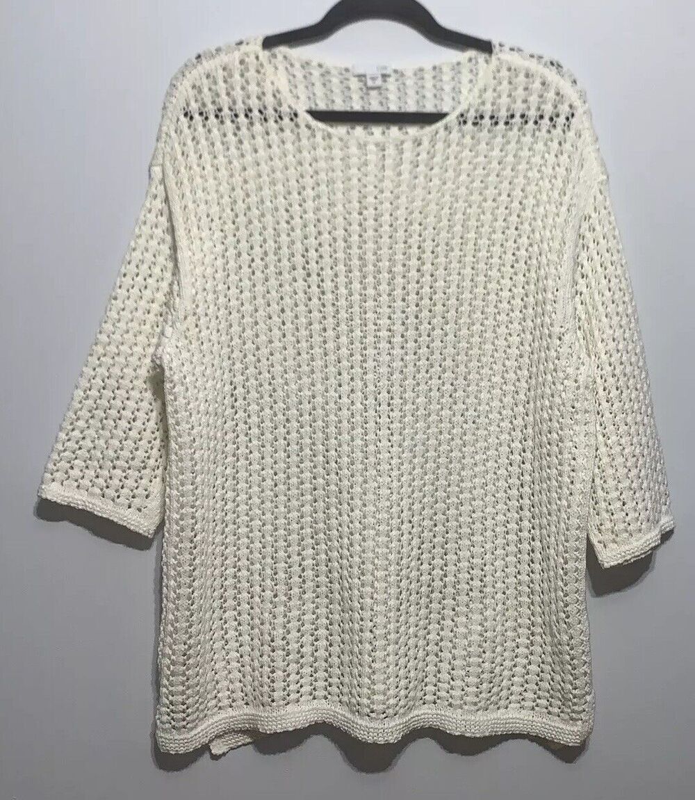 J Jill Sweater Womens XL White Open Knit 3/4 Pullover Sleeve Nautical Beachy